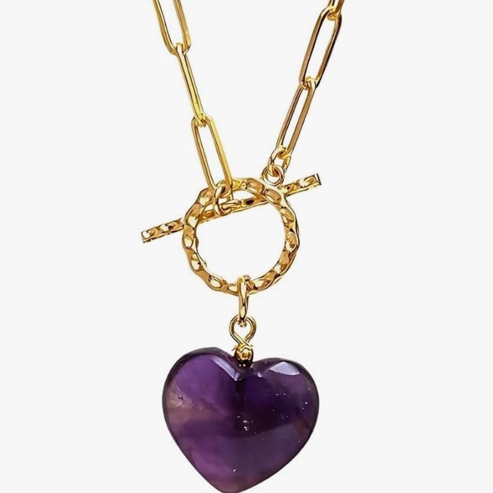 NEW 14k Gold Plated Genuine Amethyst Purple Heart Pendant Necklace